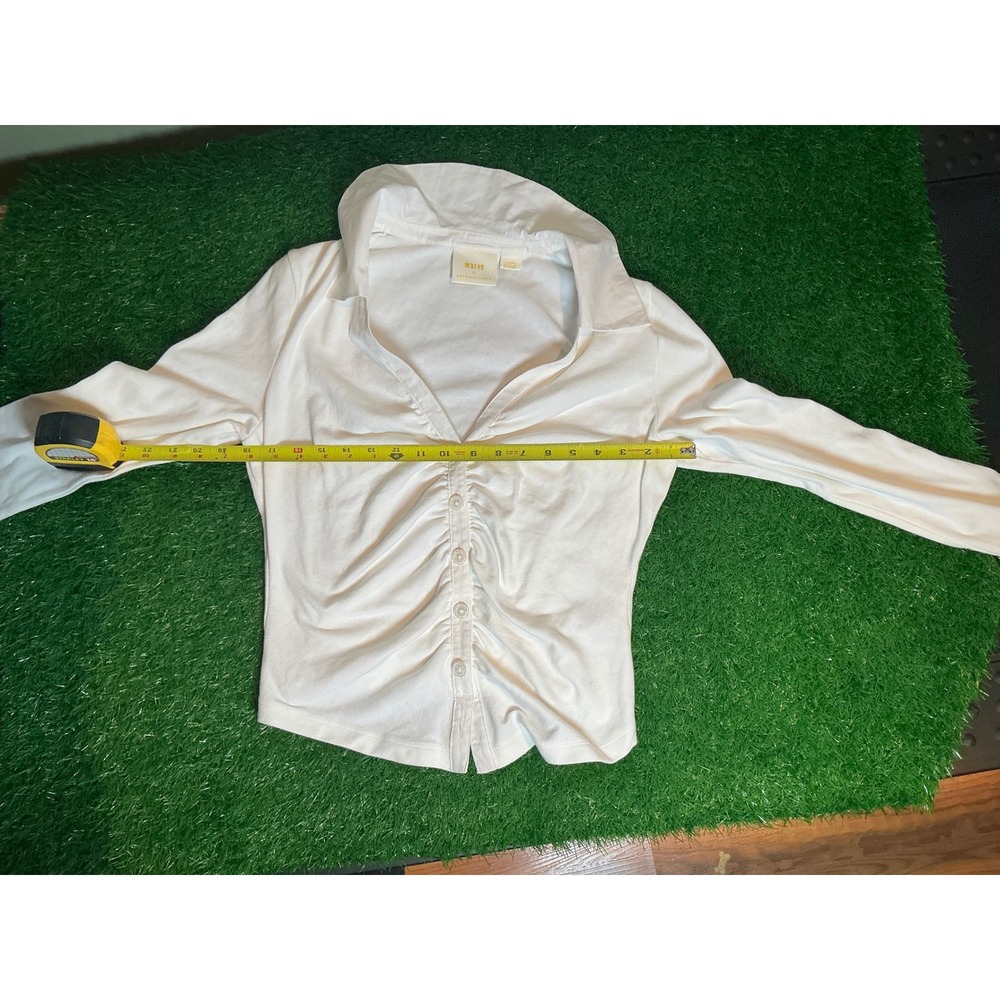 Maeve Anthropologie White Ruched Button Front Long Sleeve V-Neck Top Large